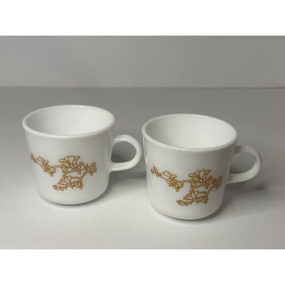 Vintage Corning Milk Glass Mug Cup Cherry Blossom Pattern Oriental Look Set of 2 - Picture 2 of 6